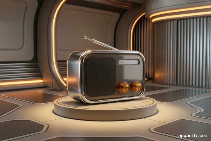 Closer three-quarter view of a chrome portable radio with amber controls on a pedestal inside the same retro-futuristic metallic showroom.