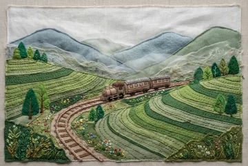 Embroidered mountain railway winding through misty terraced tea hills made from layered fabric, thread, felt, and translucent textile fog.