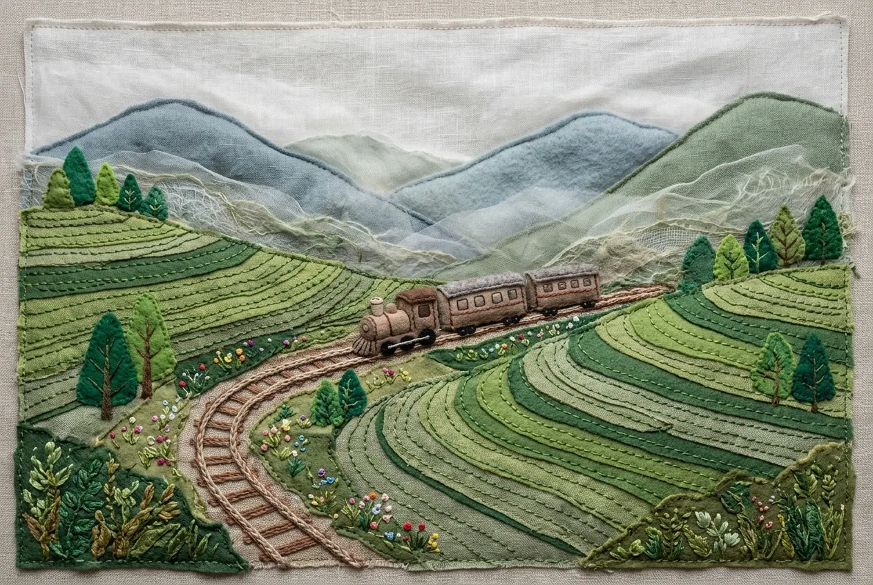 Embroidered mountain railway winding through misty terraced tea hills made from layered fabric, thread, felt, and translucent textile fog.