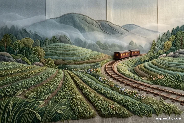 Closer embroidered view of a mountain railway crossing misty terraced tea hills, with layered linen, felt, stitched tea rows, textile mountains, and translucent fabric fog.