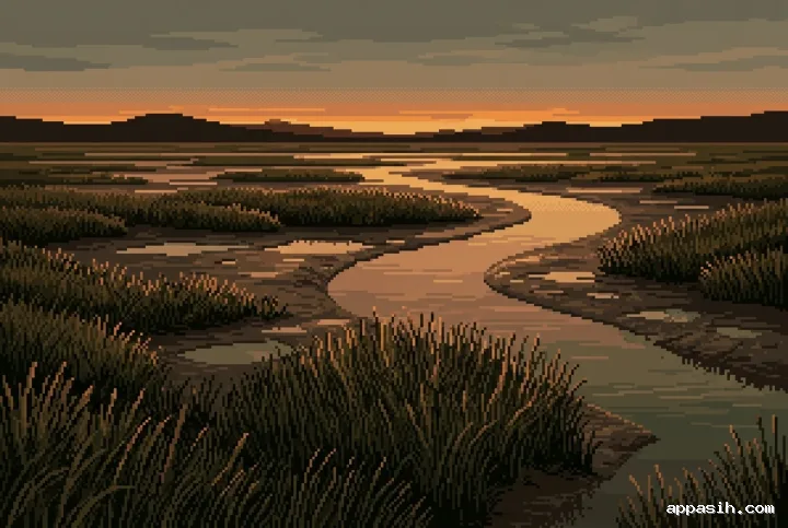 Detailed retro pixel art salt marsh with foreground reeds, winding reflective tidal channels, amber dusk light, layered clouds, and distant low hills.