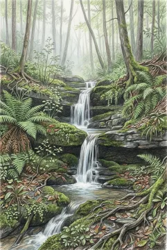 Colored pencil drawing of a fern-covered waterfall flowing between mossy rocks in a misty green forest.