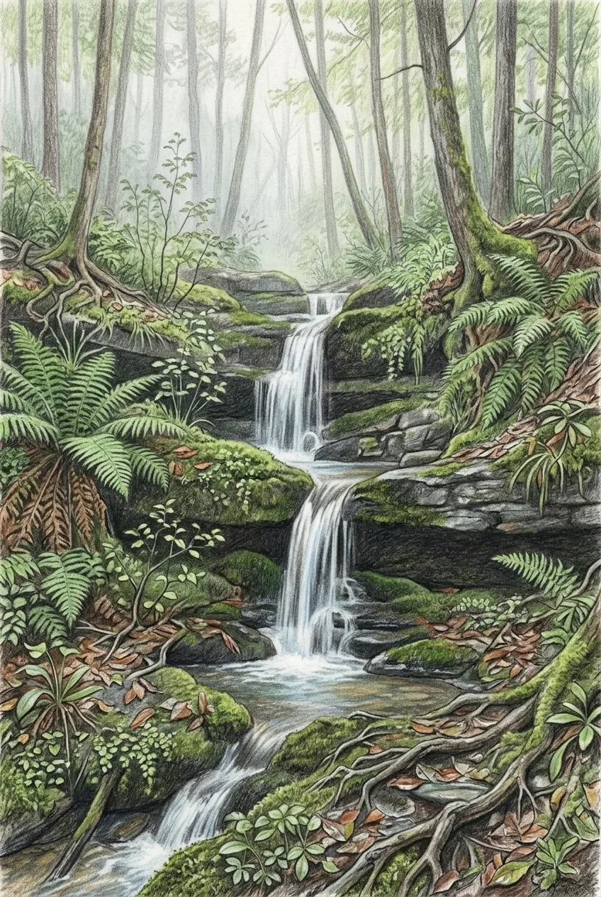 Colored pencil drawing of a fern-covered waterfall flowing between mossy rocks in a misty green forest.