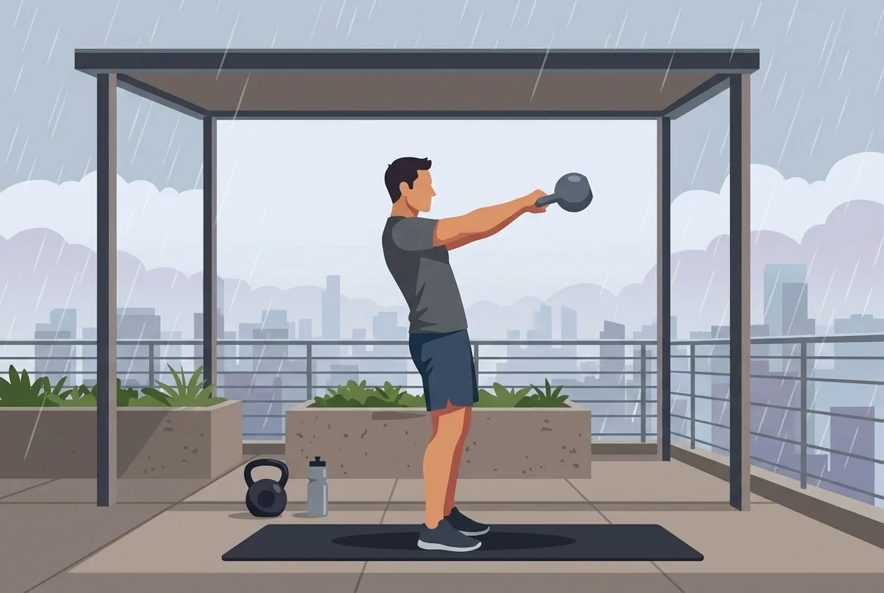 Flat 2D illustration of an athlete performing kettlebell swings on a sheltered rooftop training deck during light rain with a misty city skyline behind.