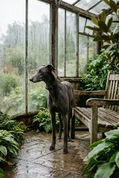 Charcoal-grey greyhound standing beside a wooden bench inside a rainy glasshouse with damp plants and soft cinematic light.