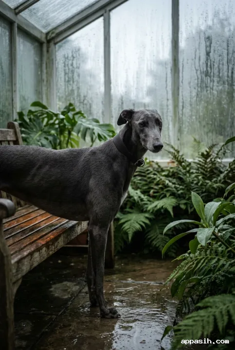 Close cinematic portrait of a charcoal-grey greyhound beside a wooden bench in the same rain-covered glasshouse, with wet plants, reflective stone, and soft atmospheric light.