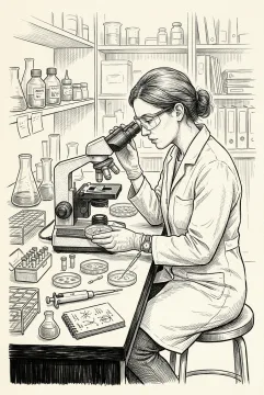 Ink drawing of a biomedical laboratory researcher examining neural cell cultures through a microscope beside culture dishes, pipettes, and scientific equipment.