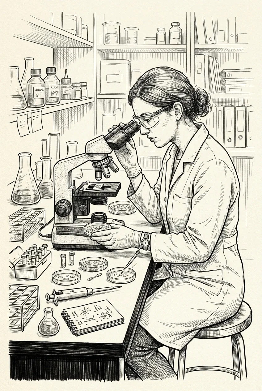 Ink drawing of a biomedical laboratory researcher examining neural cell cultures through a microscope beside culture dishes, pipettes, and scientific equipment.