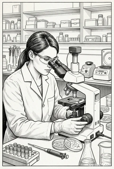 Detailed portrait ink drawing of a biomedical researcher adjusting a microscope while examining neural cell cultures beside culture dishes, pipettes, sample tubes, and laboratory equipment.