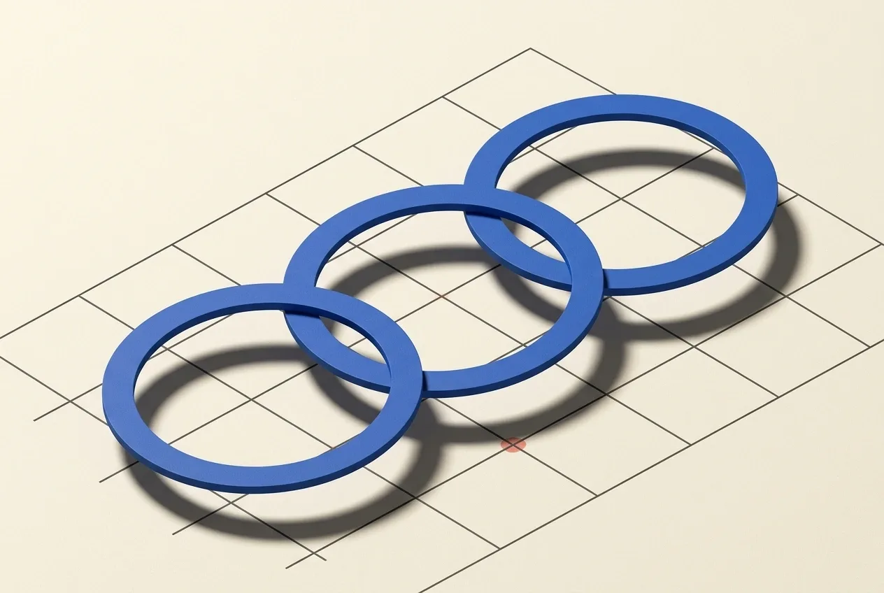 Three suspended cobalt rings above an ivory geometric grid with crisp shadows and a small coral accent.