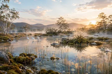 Tranquil mineral wetland at sunrise with translucent amber reeds, reflective water, mist, fern islands, and white waterbirds.