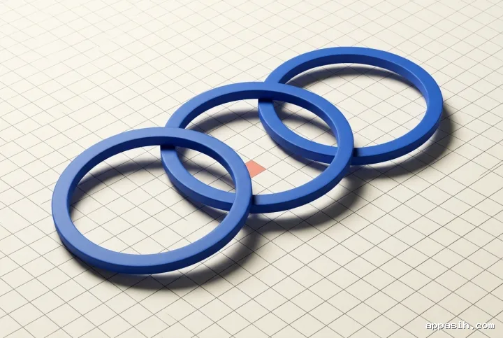 Closer elevated view of three interlocking cobalt rings suspended above an ivory square grid with elongated geometric shadows and a restrained coral accent.