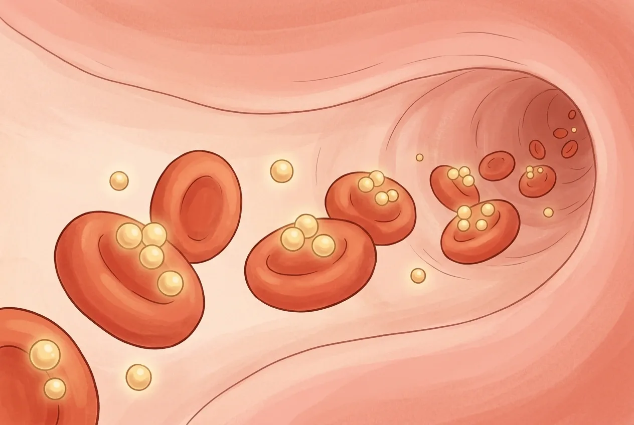 Children's book illustration of red blood cells carrying glowing oxygen molecules through a small human capillary.