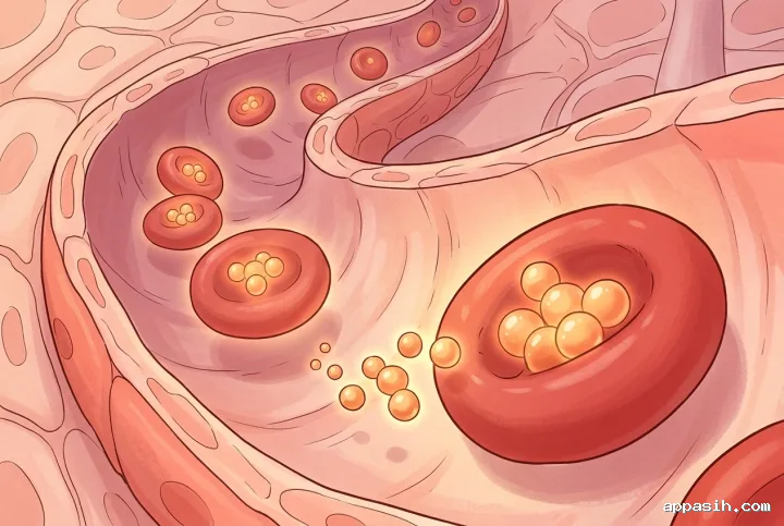 Close children's book illustration of red blood cells transporting glowing oxygen molecules through the same warm pink human capillary.