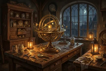 Moonlit fantasy clockmaker workshop with an ornate brass celestial orrery, antique tools, wooden cabinets, and warm lantern light.