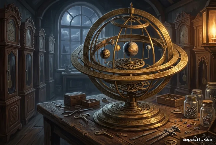 Detailed moonlit clockmaker workshop with a brass celestial orrery turning on an antique workbench beneath warm lantern light and cool window moonlight.