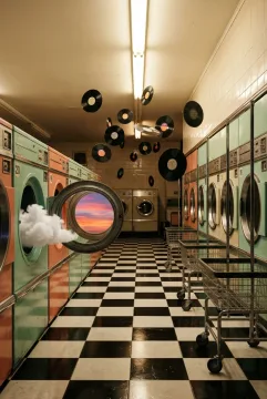 Surreal retro laundromat with pastel washing machines, floating vinyl records, glossy checkerboard tiles, and warm nostalgic fluorescent lighting.