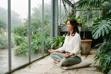 Fine art photograph of a woman in an ivory blouse and sage-green trousers practicing mindful breathing beside a rain-covered conservatory window, surrounded by tropical plants and soft morning light.