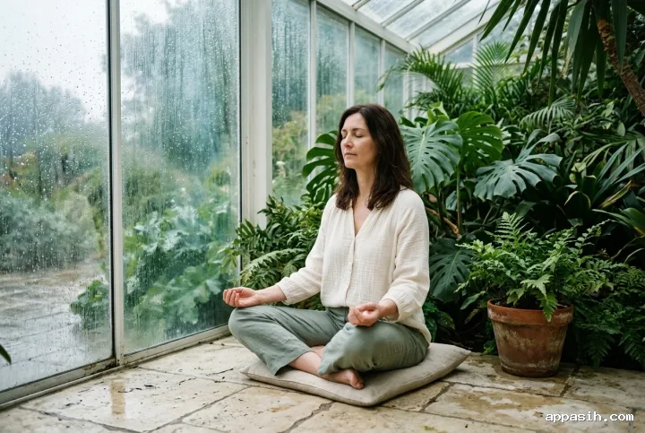 Intimate fine art photograph of a dark-haired woman practicing mindful breathing on a linen cushion in a rainlit botanical conservatory, with realistic fabric textures, lush ferns, terracotta planter, and misty garden beyond the window.