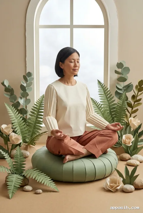 Detailed Mixed Media Origami Style artwork showing a calm woman practicing mindful breathing on a layered sage-green paper cushion, surrounded by folded ferns, eucalyptus, ivory paper flowers, and softly illuminated paper stones beneath an arched window.