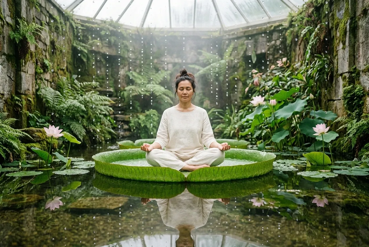 Surreal landscape of a woman meditating on an enormous floating lotus leaf above a reflective rain garden pond, surrounded by suspended raindrops and soft pink lotus flowers.