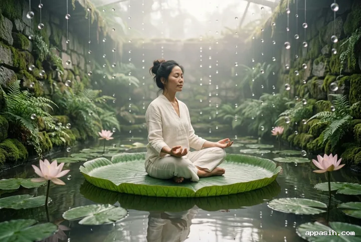 Detailed surreal scene of a woman in ivory linen meditating on a giant emerald lotus leaf floating above a mirrorlike rain garden pond, with motionless raindrops, pink lotus blossoms, mossy walls, and soft pearl-toned light.
