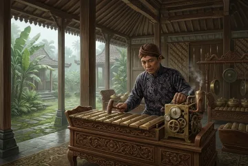 Steampunk concept art of a Javanese gamelan artisan tuning a bronze saron with brass clockwork machinery inside a carved wooden pendopo pavilion overlooking a misty tropical garden.