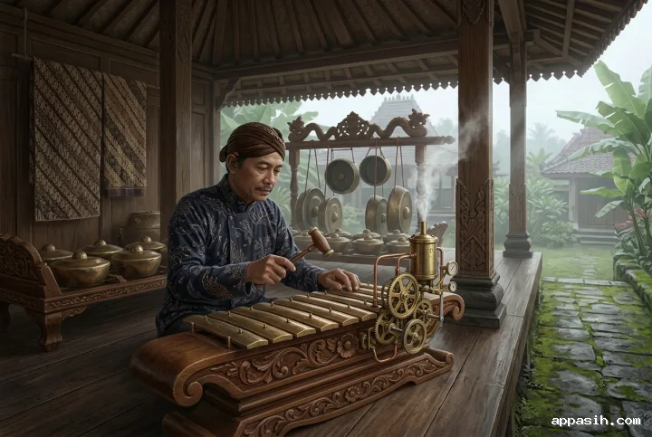 Detailed steampunk concept art of a Javanese artisan tuning a bronze saron beside intricate brass gears and copper pipes in a traditional teakwood pendopo, with hanging gamelan gongs and a misty tropical garden.