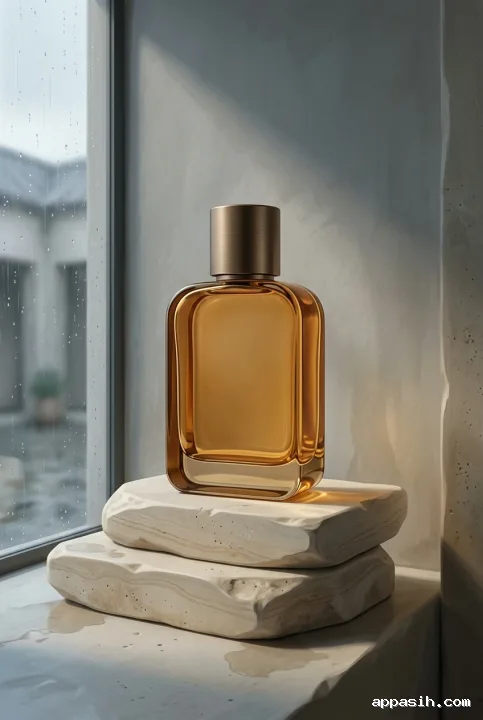 Detailed concept art of a single unbranded amber glass perfume bottle with a brushed bronze cap on a two-tier limestone pedestal, viewed from a closer front-left angle inside a softly illuminated stone alcove beside a rain-covered courtyard window.