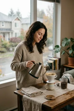 Young woman in an oatmeal knitted sweater preparing pour-over coffee with a stainless steel kettle beside a rain-covered apartment window on a peaceful morning, captured in cinematic lighting.
