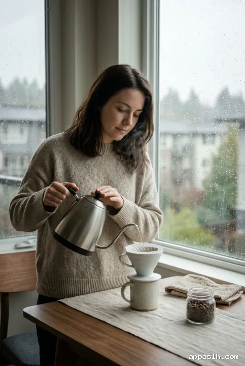 Close cinematic three-quarter view of a young woman in an oatmeal sweater pouring hot water into a white ceramic coffee dripper beside a rainy apartment window, with delicate steam, textured linen, and soft morning light.