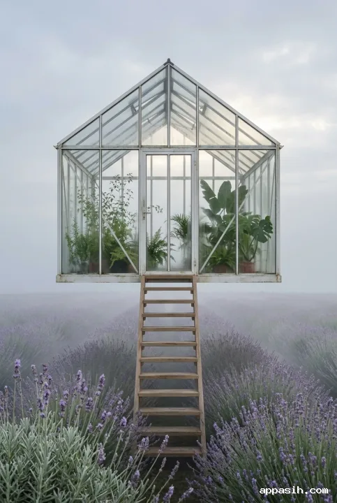 Detailed surreal fine art photograph of a weathered white glass greenhouse hovering over fog-covered lavender rows, viewed from a gentle three-quarter angle with a wooden staircase, botanical greenery, and soft dawn reflections.