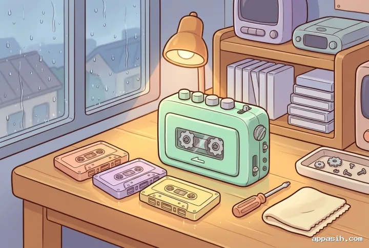 Detailed kawaii cartoon scene of a mint-green 1980s cassette player with peach, lavender, and yellow tapes on a cozy repair shop workbench, illuminated by an amber lamp beside a rain-covered window.
