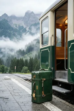 Forest-green vintage leather suitcase beside the open doorway of a cream-and-green alpine train on a damp mountain platform, with misty peaks in the background, captured in realistic studio travel photography.
