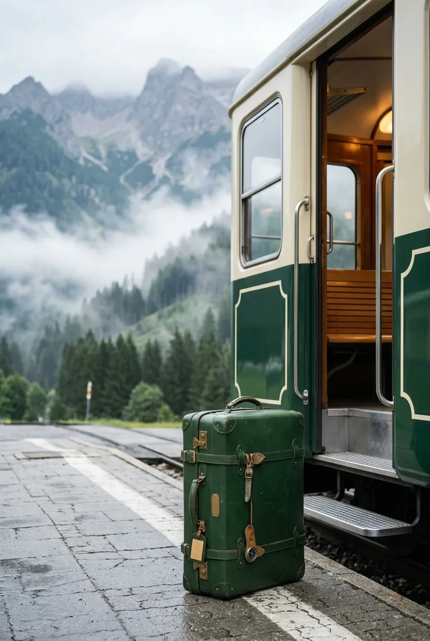 Forest-green vintage leather suitcase beside the open doorway of a cream-and-green alpine train on a damp mountain platform, with misty peaks in the background, captured in realistic studio travel photography.