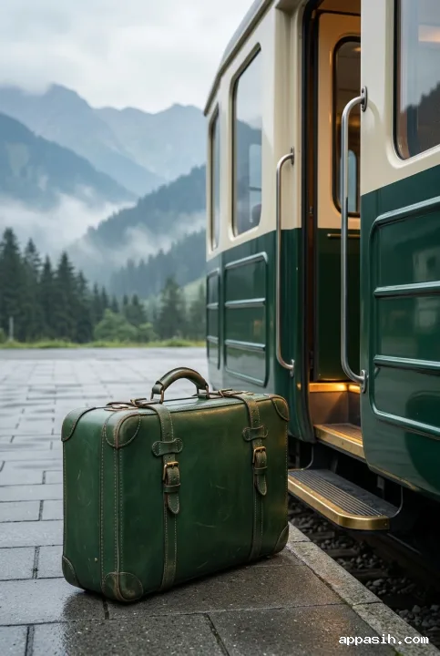 Detailed three-quarter studio travel photograph of a forest-green vintage leather suitcase with brass buckles beside an illuminated cream-and-green alpine train doorway, overlooking a damp platform and mist-covered mountains.