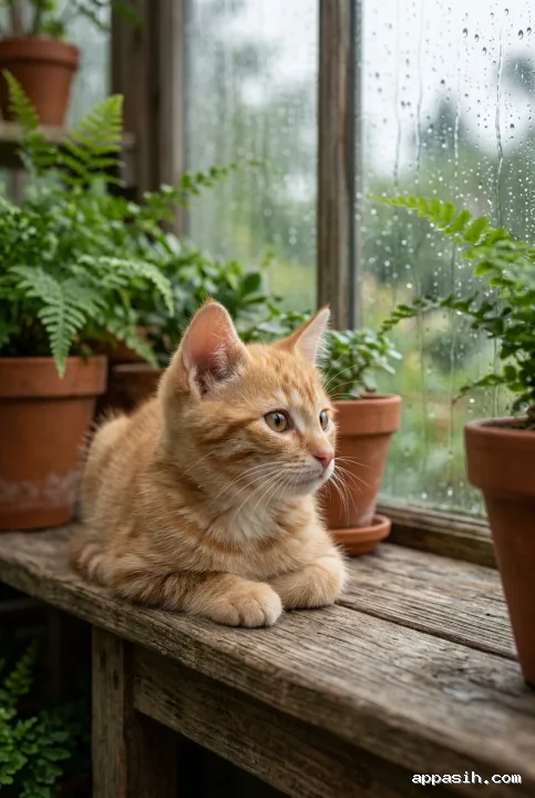 Detailed photorealistic close-up of a curious ginger tabby kitten with amber eyes and fine white whiskers on a weathered wooden bench inside a rainy greenhouse, framed by terracotta pots, lush ferns, and softly illuminated raindrops on glass.