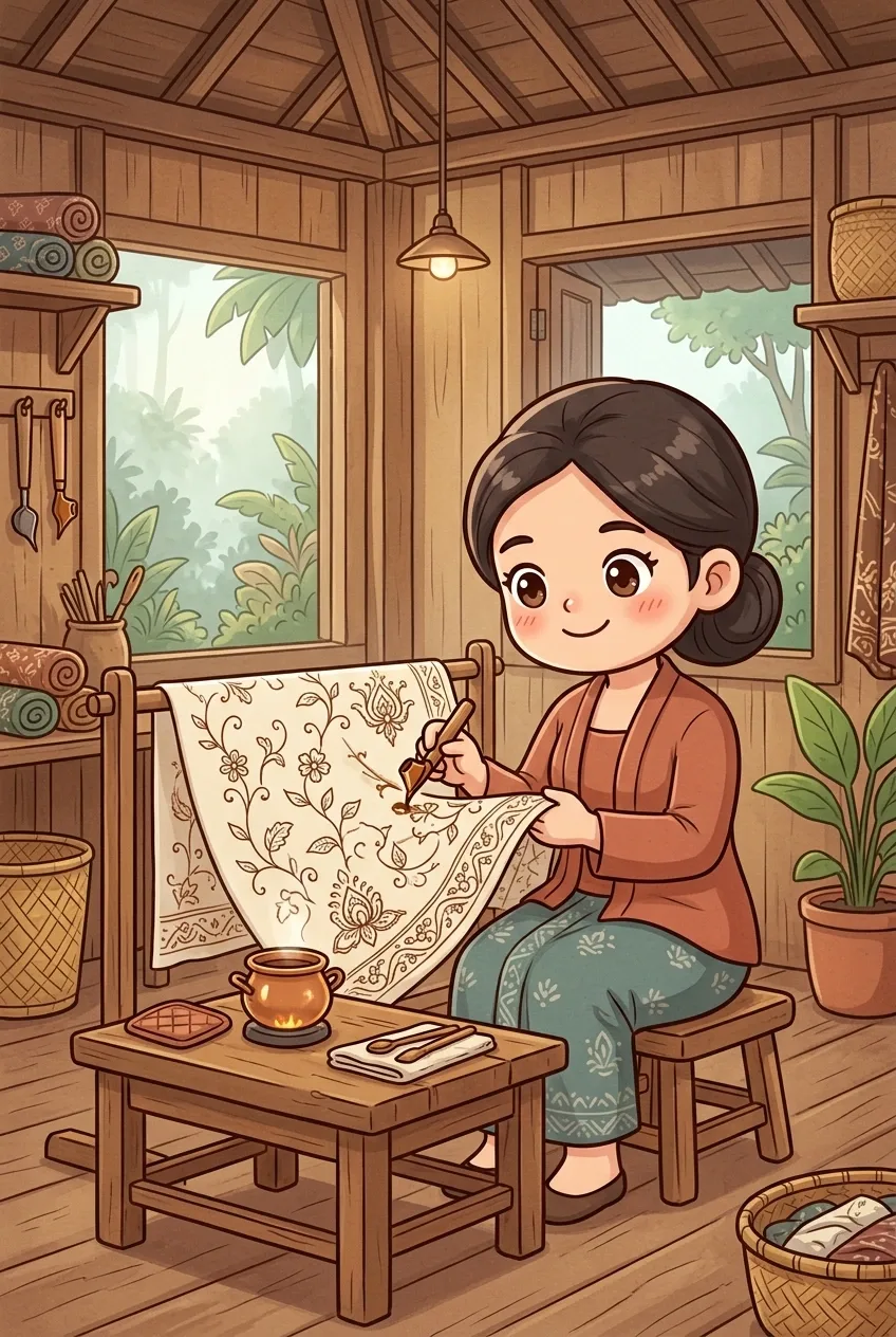 Kawaii cartoon illustration of a smiling Javanese batik artisan wearing a terracotta kebaya and teal batik skirt while using a canting tool to decorate cream batik cloth inside a warm traditional wooden workshop.