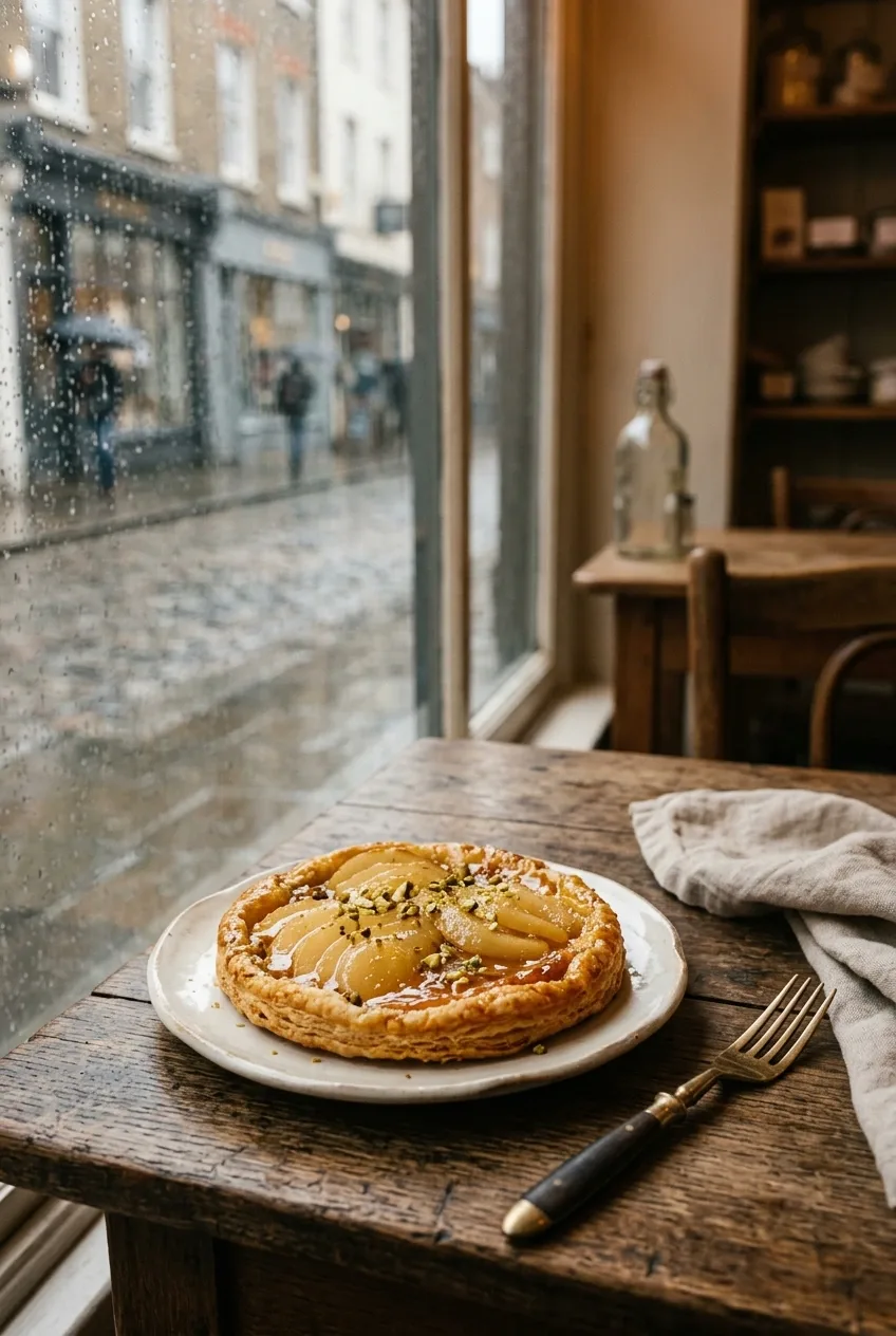 Cinematic close-up of a golden saffron pear tart with glossy overlapping pear slices and pistachio garnish on an ivory ceramic plate beside a brass fork, inside a warmly lit bakery overlooking a rain-streaked window.