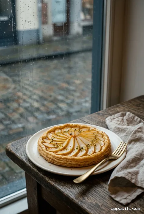 Detailed cinematic portrait of a saffron pear tart with translucent glazed pear slices, flaky golden crust, and crushed pistachios on an ivory plate, accompanied by a brass dessert fork and linen napkin in a warmly illuminated rainy bakery.