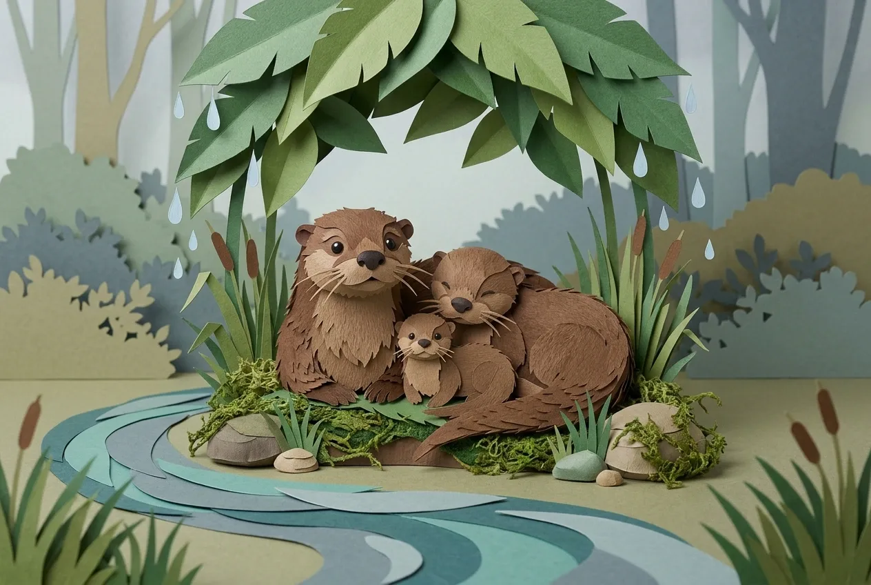 Layered papercraft illustration of three brown river otters cuddling beneath large green paper leaves beside a rainy woodland stream, surrounded by folded reeds, river stones, and dimensional cardstock foliage.