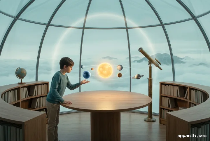 Detailed surreal astronomy classroom in a giant glass observatory above the clouds, showing a student in a teal sweater reaching toward a floating blue planet within a miniature solar system over a wooden table, beside an antique brass telescope.