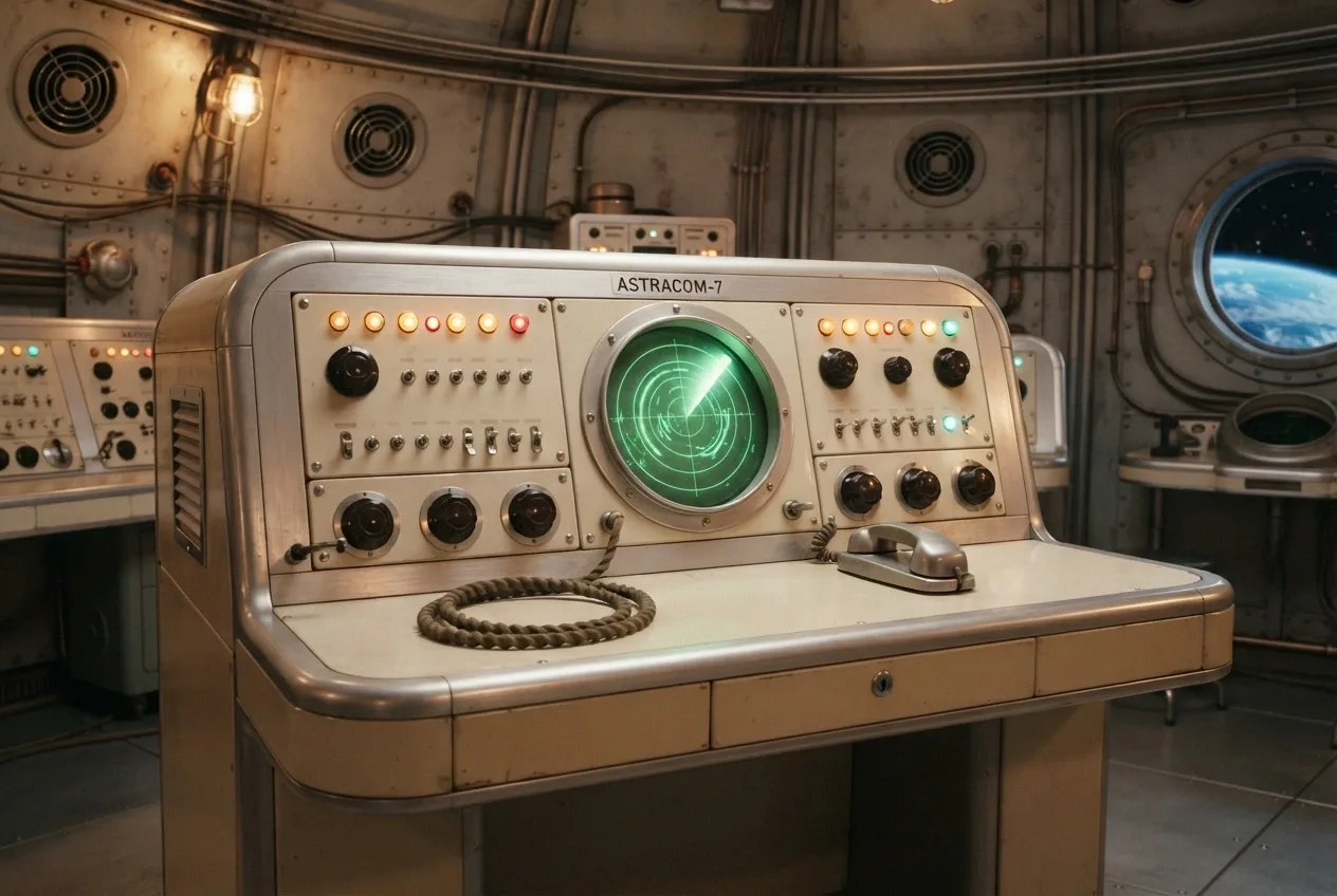 Retro futurist orbital relay console with cream metal panels, illuminated analog rotary controls, circular signal display, and warm amber lighting inside a vintage space-age communications station.