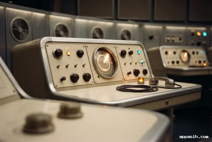 Close three-quarter view of a retro futurist orbital relay console with textured Bakelite dials, glowing amber indicators, circular orbital signal screen, and brushed aluminum details inside a warm vintage communications station.