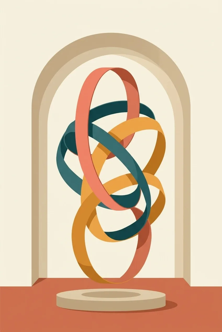 Abstract geometric vector illustration of three interwoven coral, teal, and amber ribbons suspended within a tall sand-colored arch above an oval plinth.