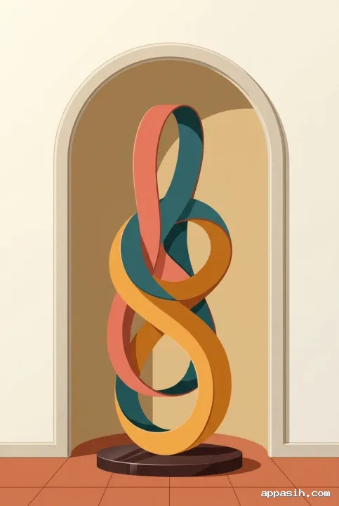 Close-framed abstract vector illustration of three interwoven coral, teal, and amber geometric ribbons inside a sand-colored architectural arch, with layered flat shadows and an oval plinth.