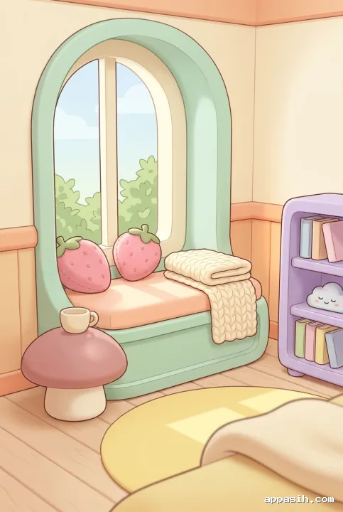 Close kawaii cartoon view of a mint-green arched reading nook with stitched strawberry pillows, a folded knitted blanket, pink mushroom side table, lavender bookshelf, and soft morning sunlight.