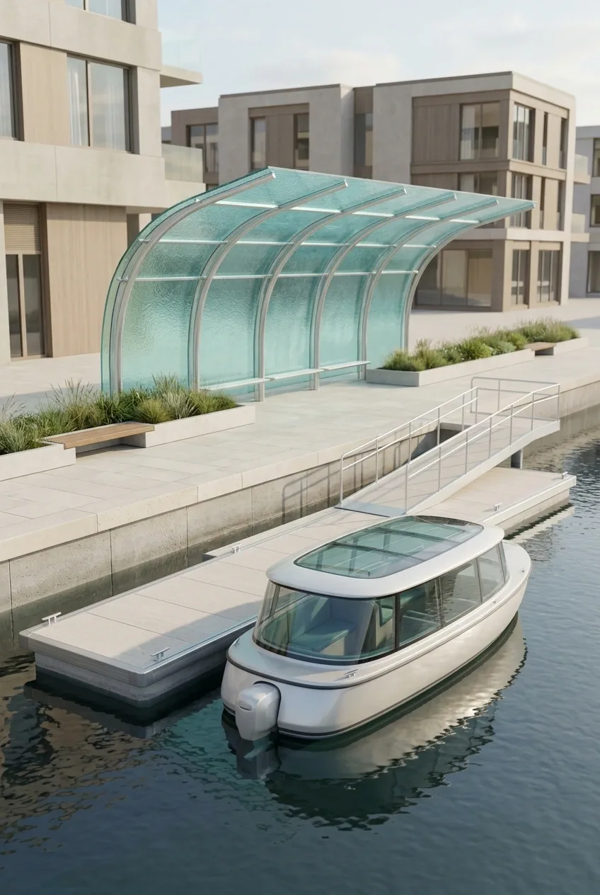 3D architectural visualization of a pearl-white electric water taxi moored at a floating waterfront dock beneath a translucent aqua glass canopy, with a limestone promenade and contemporary buildings.