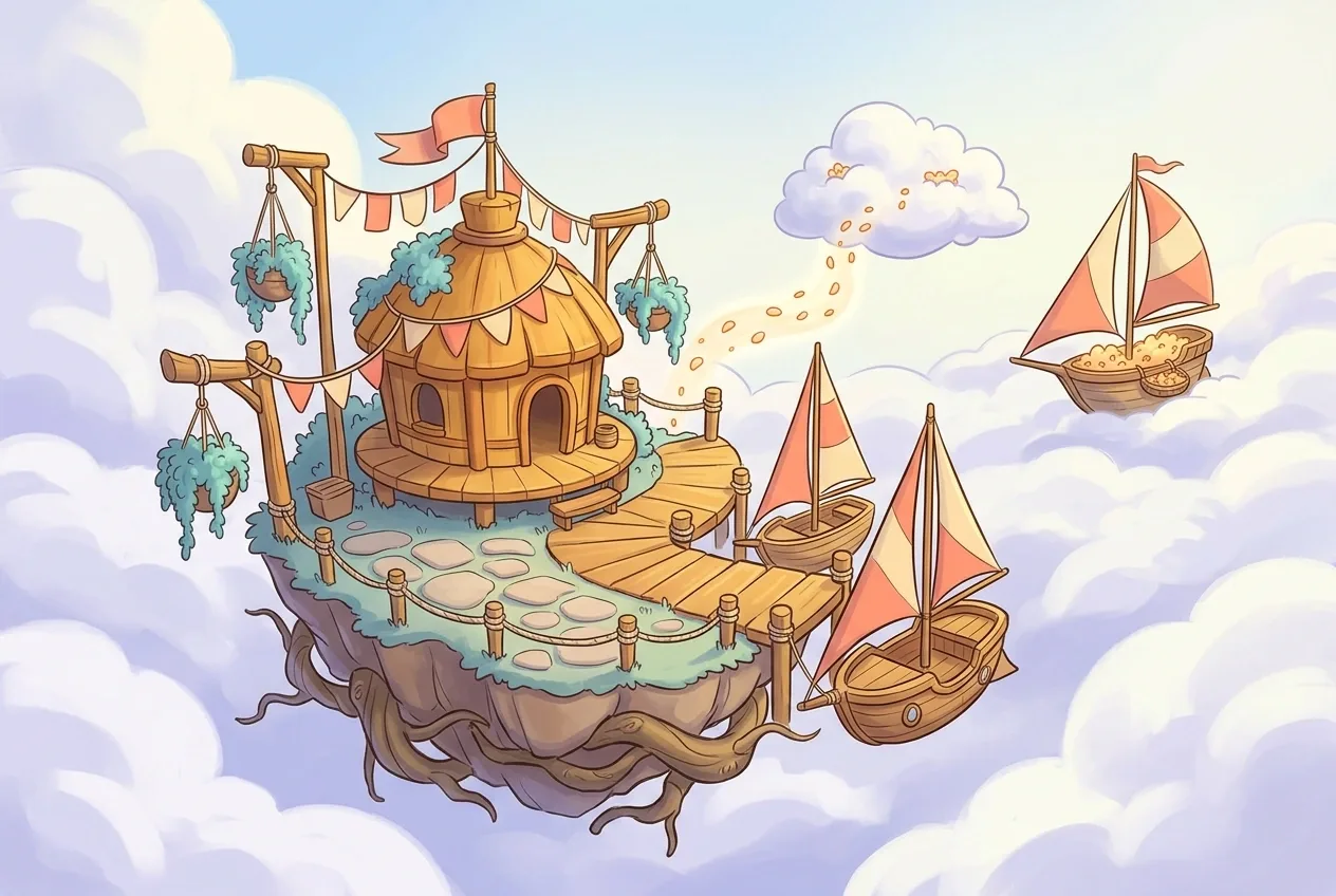 Colorful cartoon concept art of a floating cloudseed harbor with curved wooden docks, miniature sailing airships, suspended teal gardens, and glowing amber seeds drifting above soft lavender clouds.