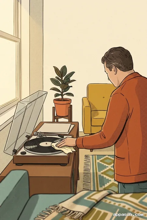 Ilustrasi retro jarak dekat tangan seseorang mengelap alur piringan hitam menggunakan kain krem di ruang keluarga vintage, dengan pemutar musik analog, kursi mustard, tanaman karet, dan sinar pagi keemasan.